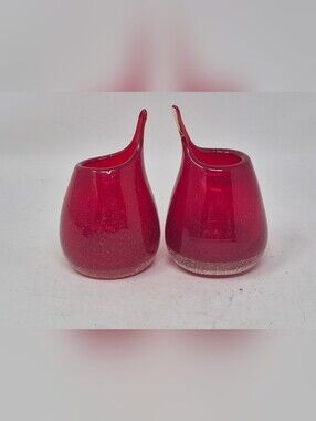 Vintage MCM Hand Blown Red Bubble Seed Glass Beak Pitcher Vase